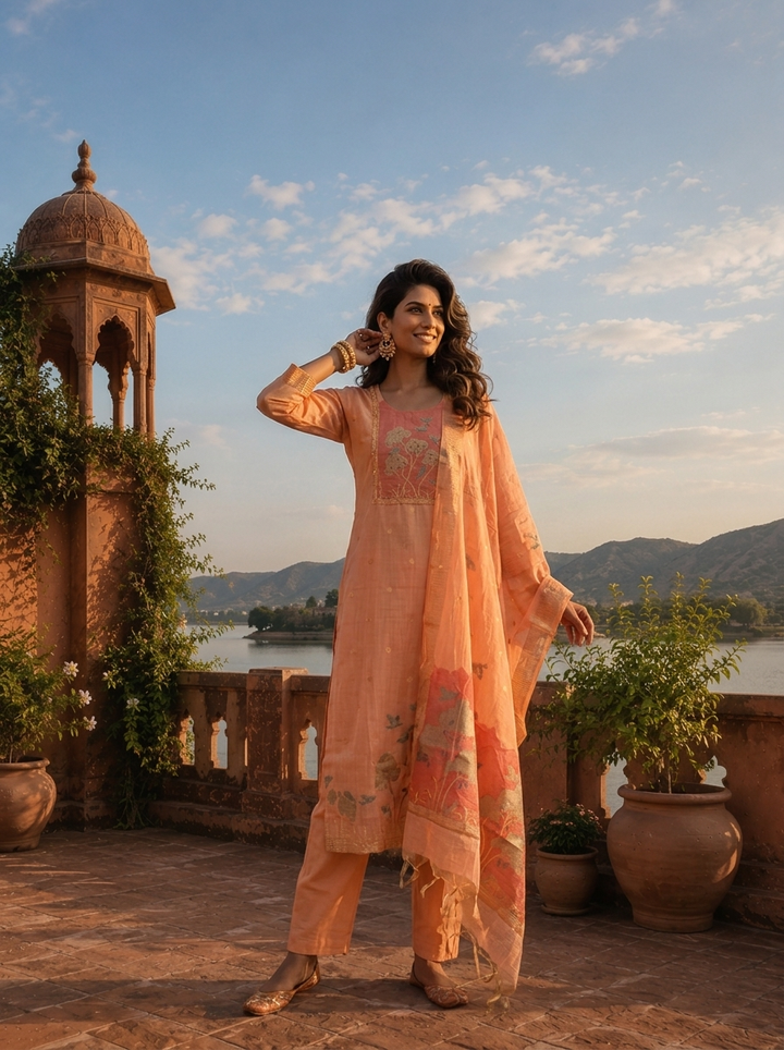 Peach Chanderi Silk Woven Botanical Motif Three Piece Set