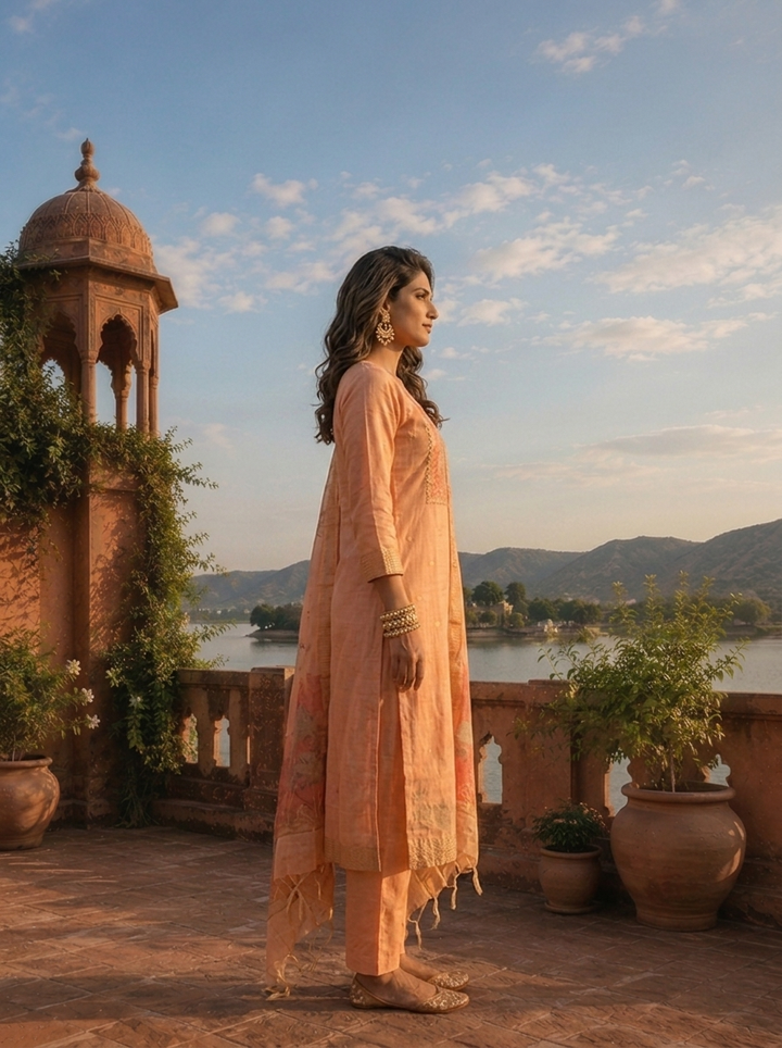 Peach Chanderi Silk Woven Botanical Motif Three Piece Set