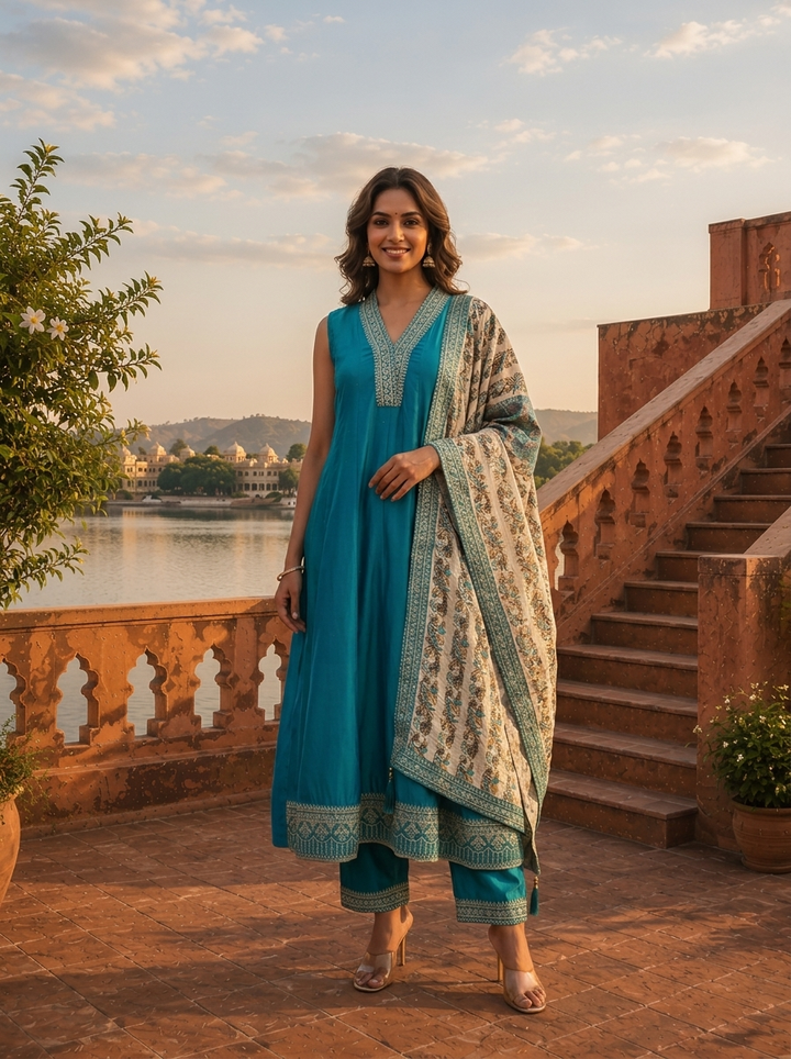 Rama Silk Zari Embroidery Three Piece Set With Floral Dupatta