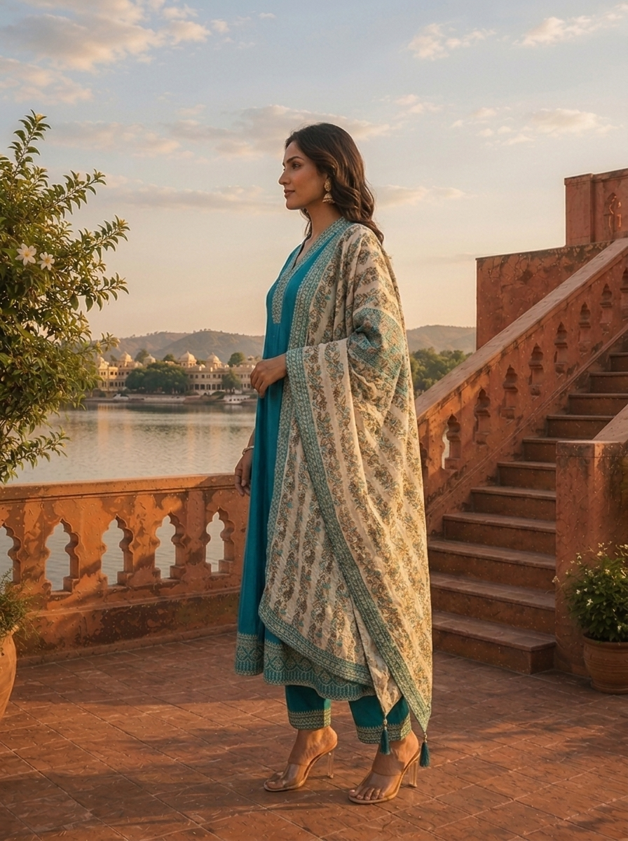 Rama Silk Zari Embroidery Three Piece Set With Floral Dupatta