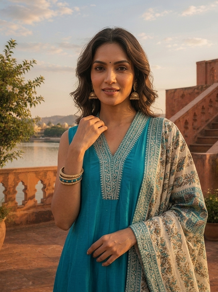 Rama Silk Zari Embroidery Three Piece Set With Floral Dupatta