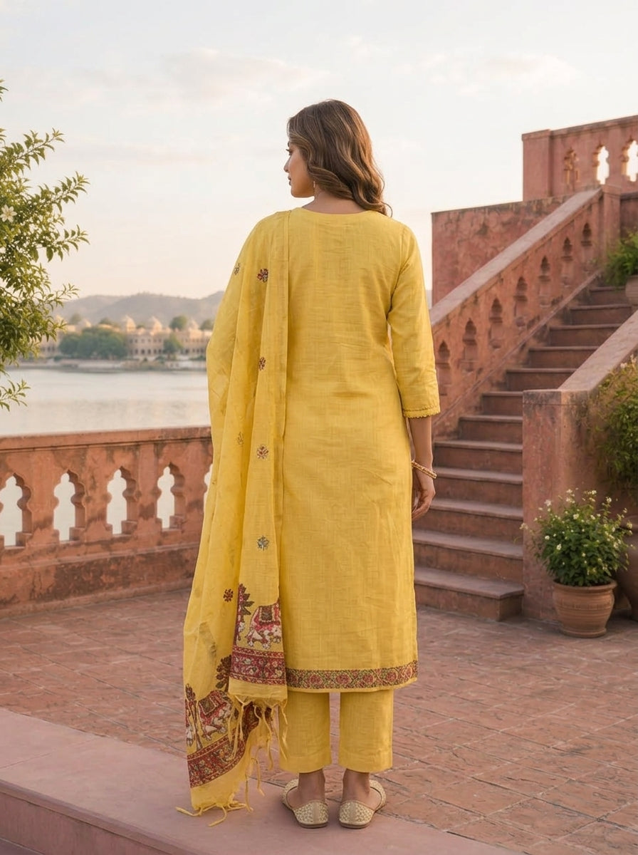 Yellow Chanderi Silk Pichwai Motif Weaved Three Piece Set