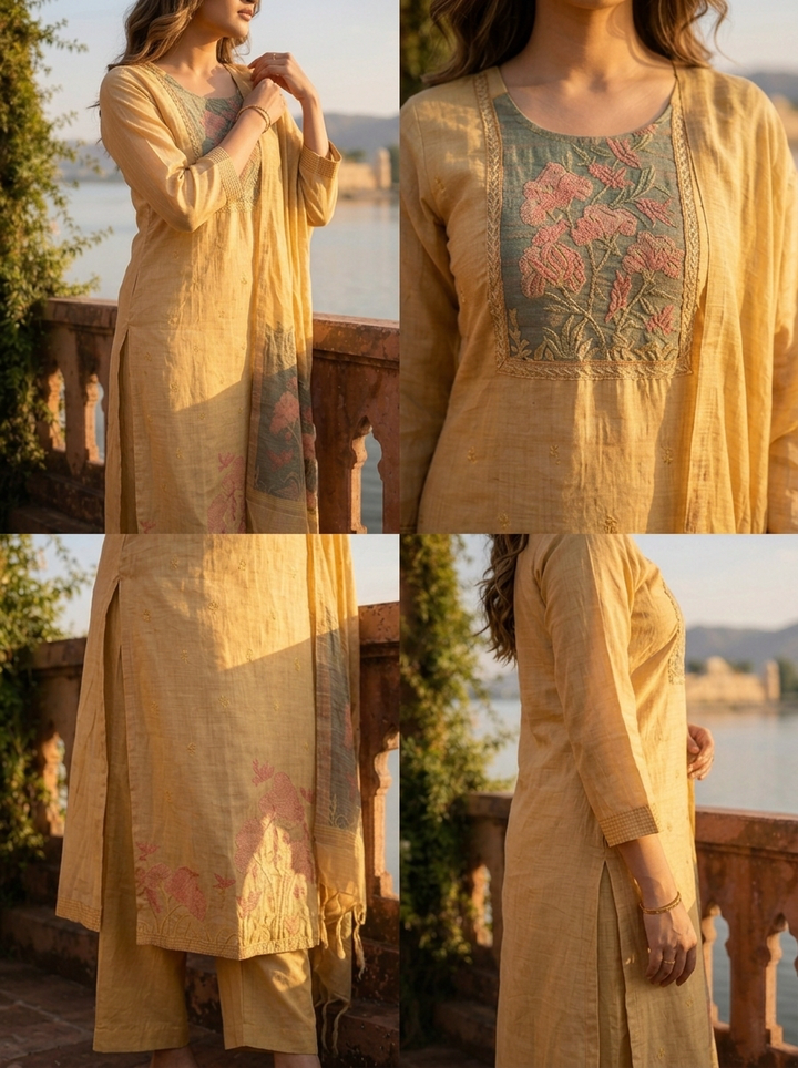 Gold Chanderi Silk Woven Botanical Motif Three Piece Set