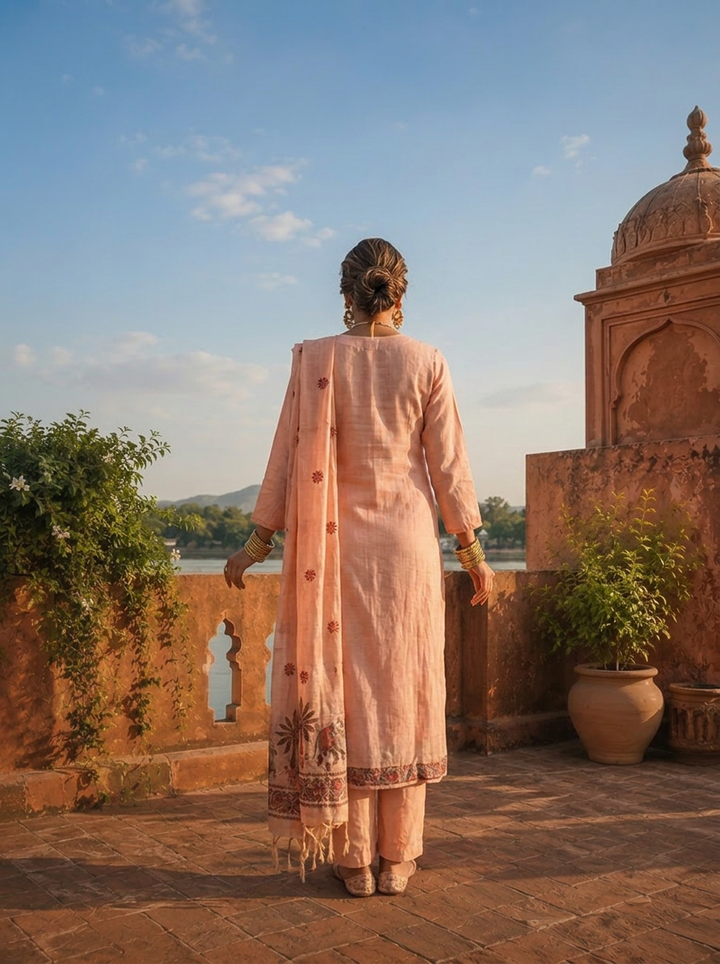 Peach Chanderi Silk Pichwai Motif Weaved Three Piece Set