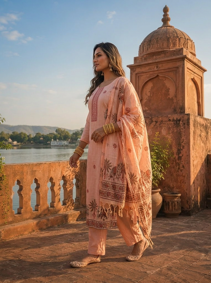 Peach Chanderi Silk Pichwai Motif Weaved Three Piece Set