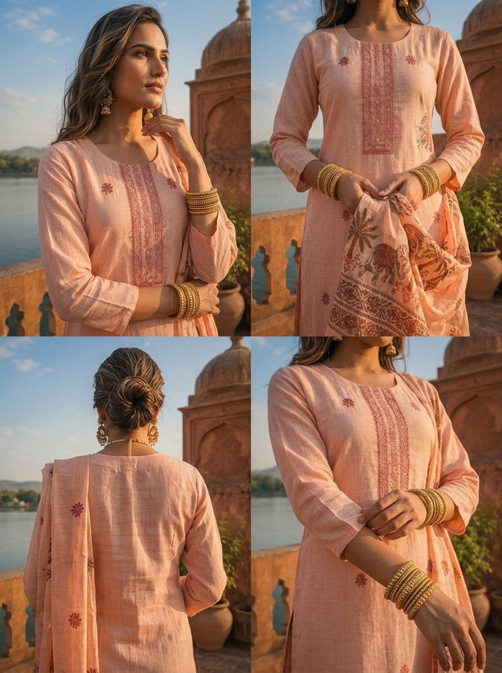 Peach Chanderi Silk Pichwai Motif Weaved Three Piece Set