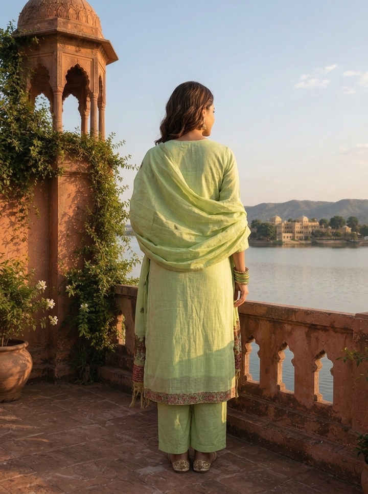 Pista Green Chanderi Silk Pichwai Motif Weaved Three Piece Set
