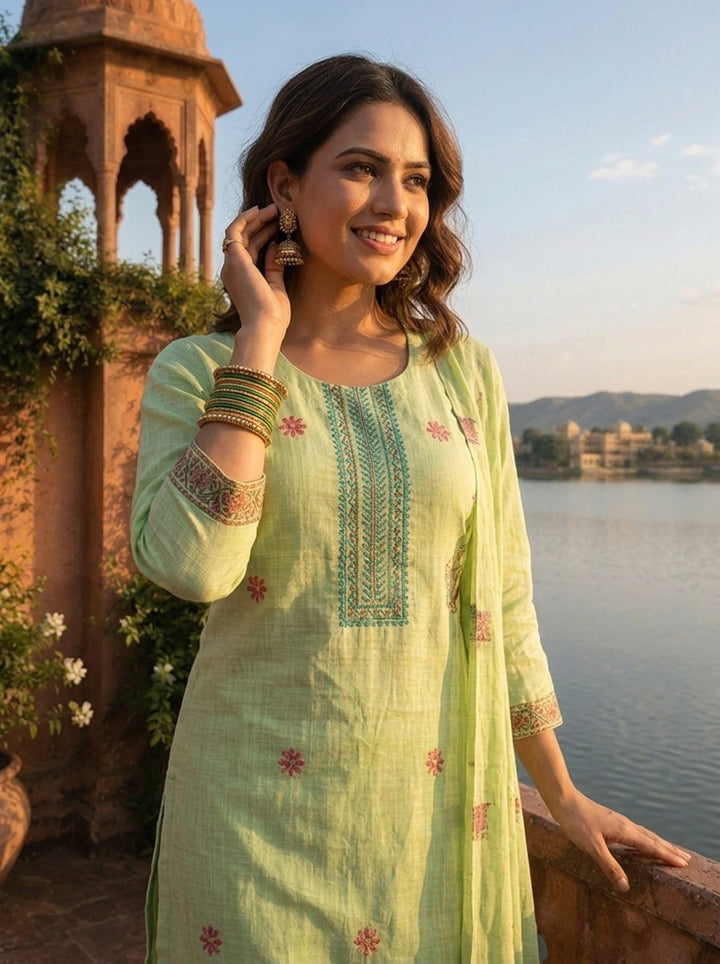 Pista Green Chanderi Silk Pichwai Motif Weaved Three Piece Set