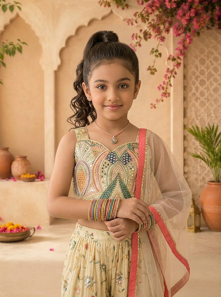 Fawn Tissue Floral Thread Embroidered Palazzo Set