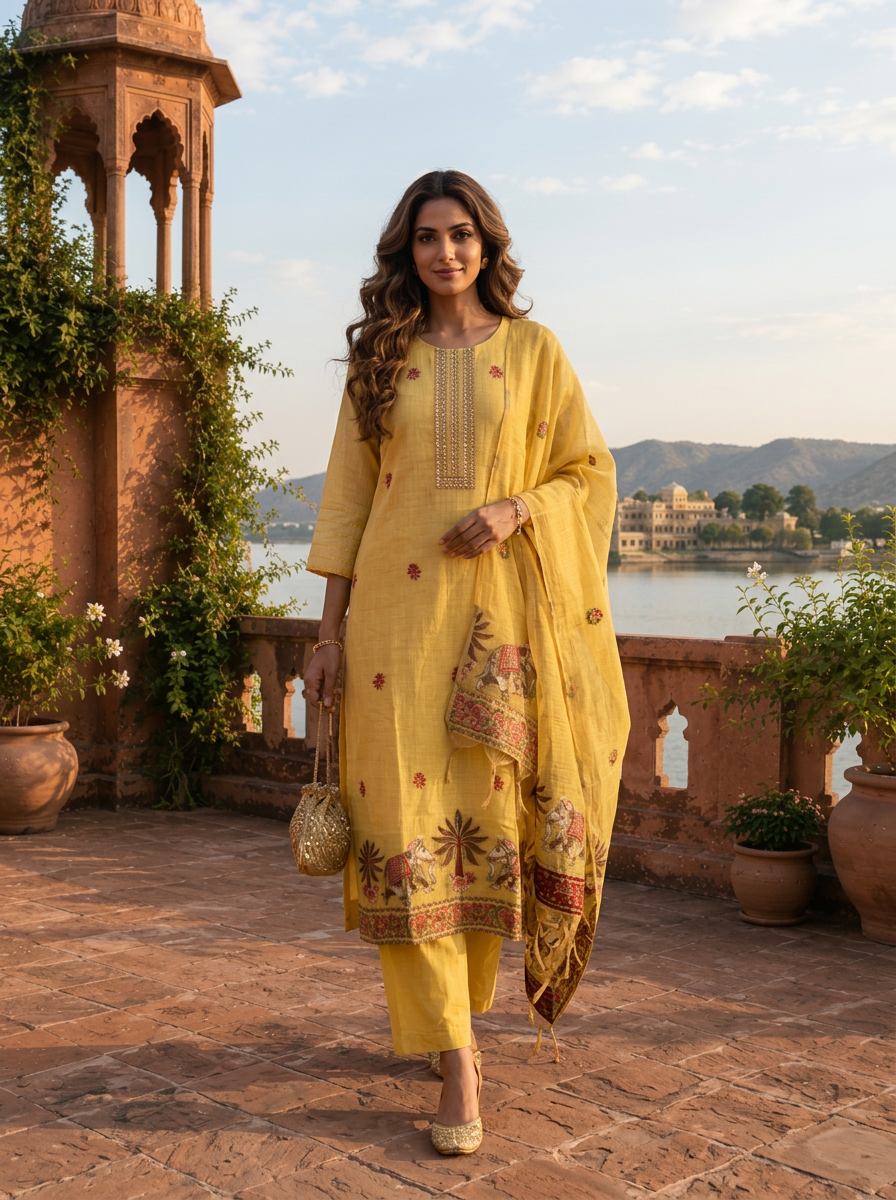 Yellow Chanderi Silk Pichwai Motif Weaved Three Piece Set