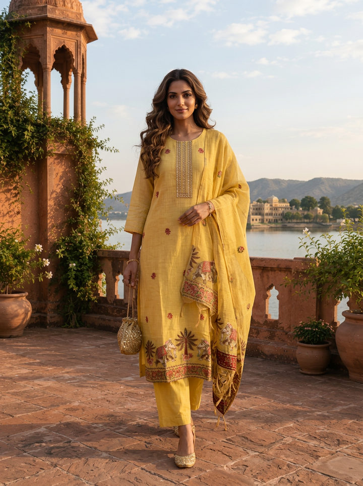Yellow Chanderi Silk Pichwai Motif Weaved Three Piece Set