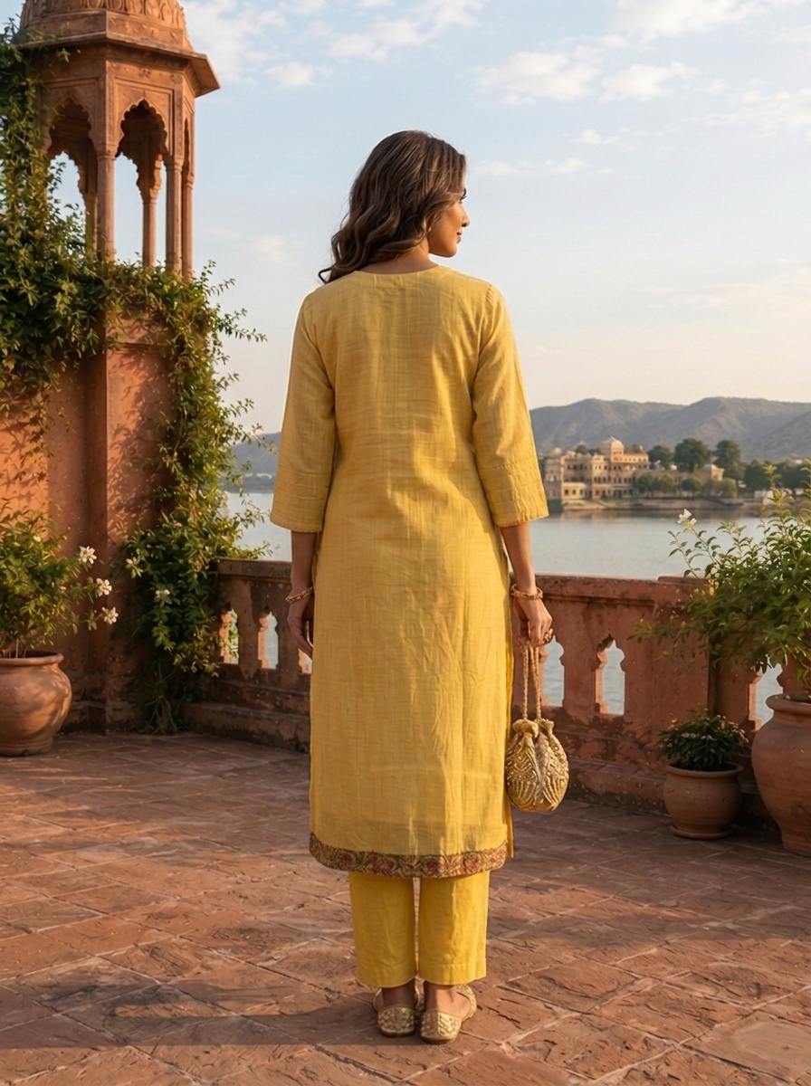 Yellow Chanderi Silk Pichwai Motif Weaved Three Piece Set