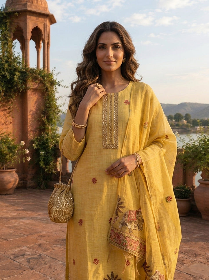 Yellow Chanderi Silk Pichwai Motif Weaved Three Piece Set