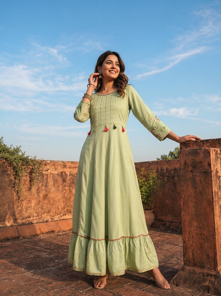 Pista Rayon Ruffle Thread Embroidered Dress