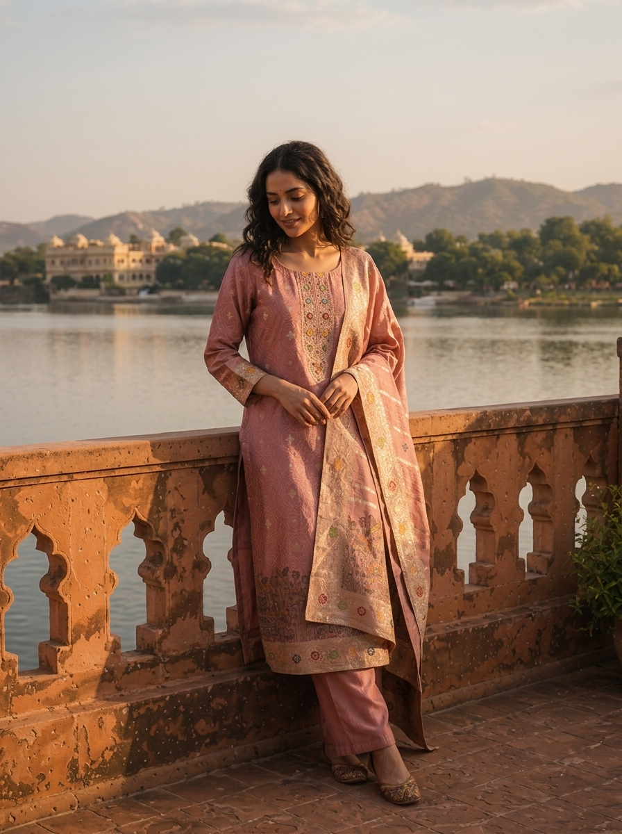 Onion Pink Silk Botanical Garden Motifs Weaved Three Piece Set
