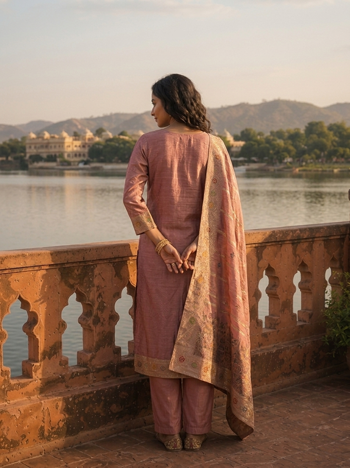 Onion Pink Silk Botanical Garden Motifs Weaved Three Piece Set