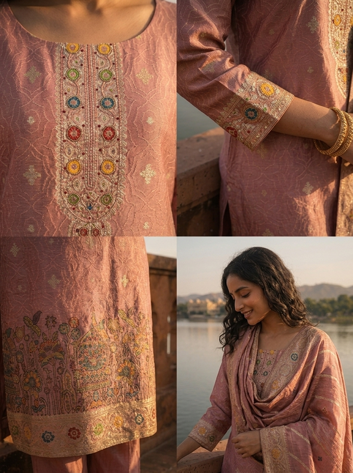 Onion Pink Silk Botanical Garden Motifs Weaved Three Piece Set