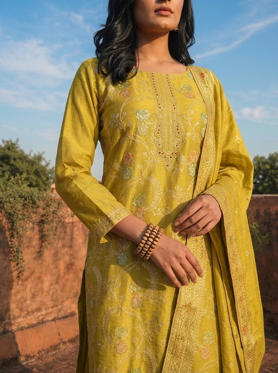 Variyali Green Banaras Silk Scrolling Creeper Pattern Weaved Three Piece Set