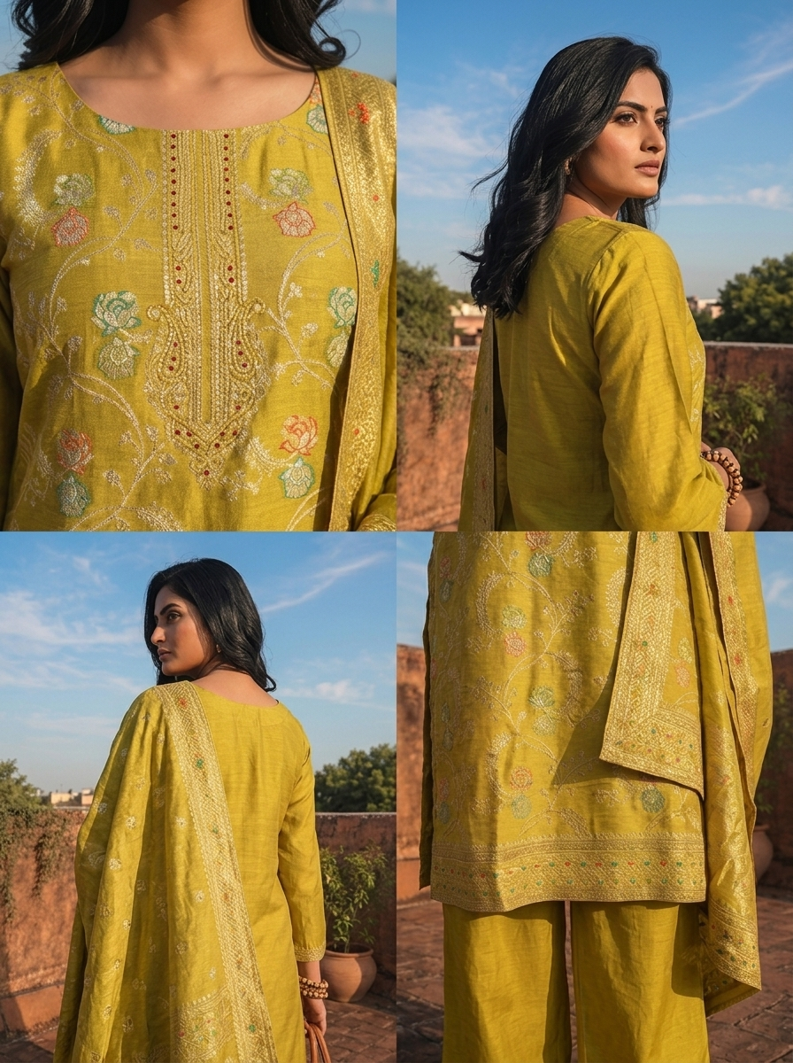 Variyali Green Banaras Silk Scrolling Creeper Pattern Weaved Three Piece Set
