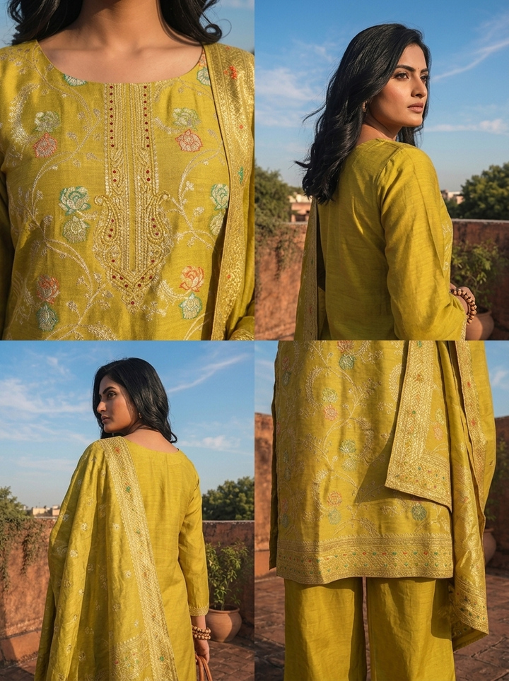Variyali Green Banaras Silk Scrolling Creeper Pattern Weaved Three Piece Set