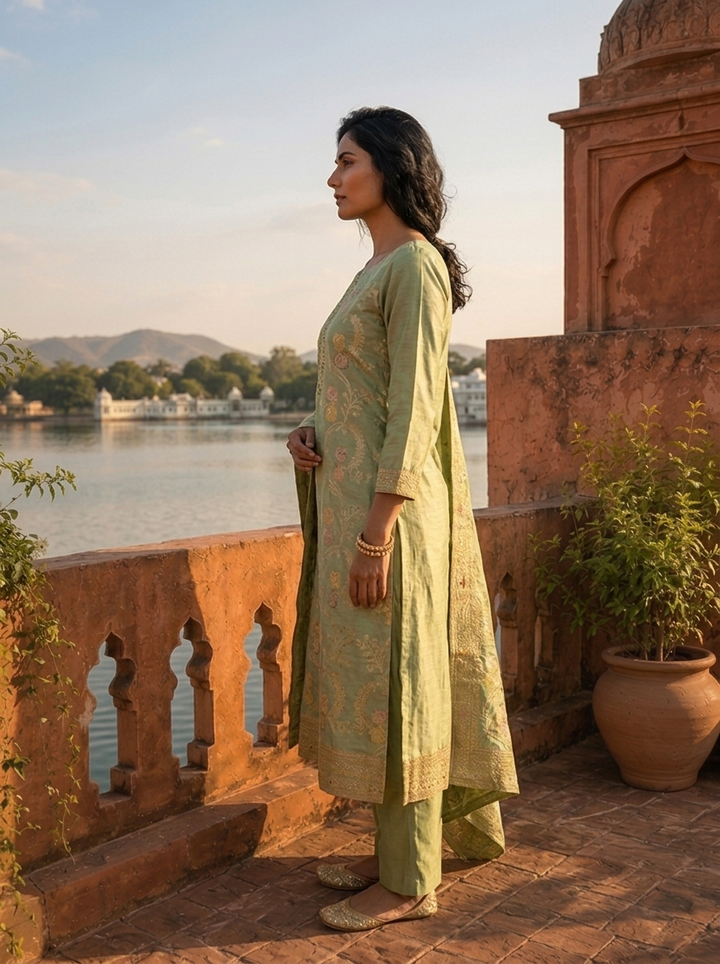 Sea Green Banaras Silk Scrolling Creeper Pattern Weaved Three Piece Set