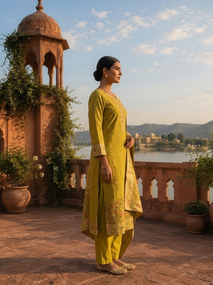 Variyali Green Silk Botanical Garden Motifs Weaved Three Piece Set