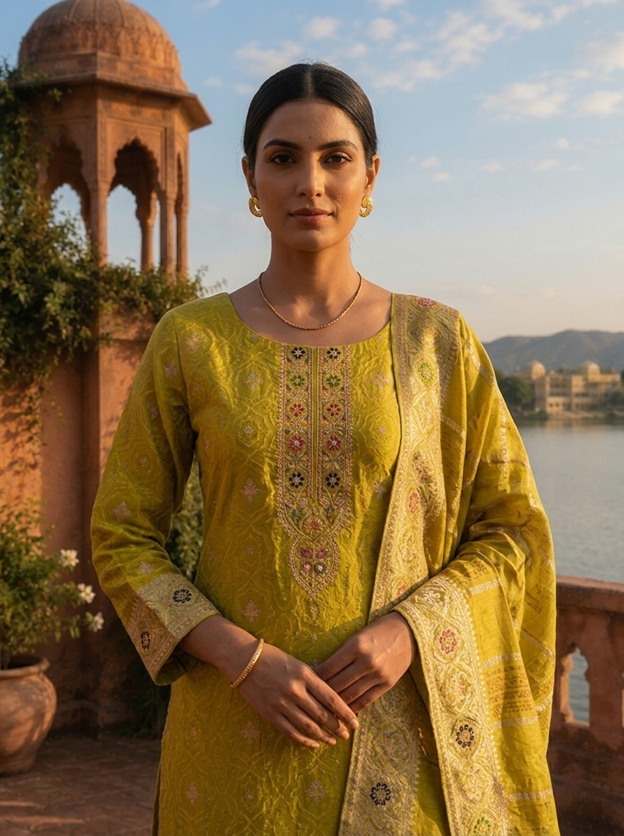 Variyali Green Silk Botanical Garden Motifs Weaved Three Piece Set