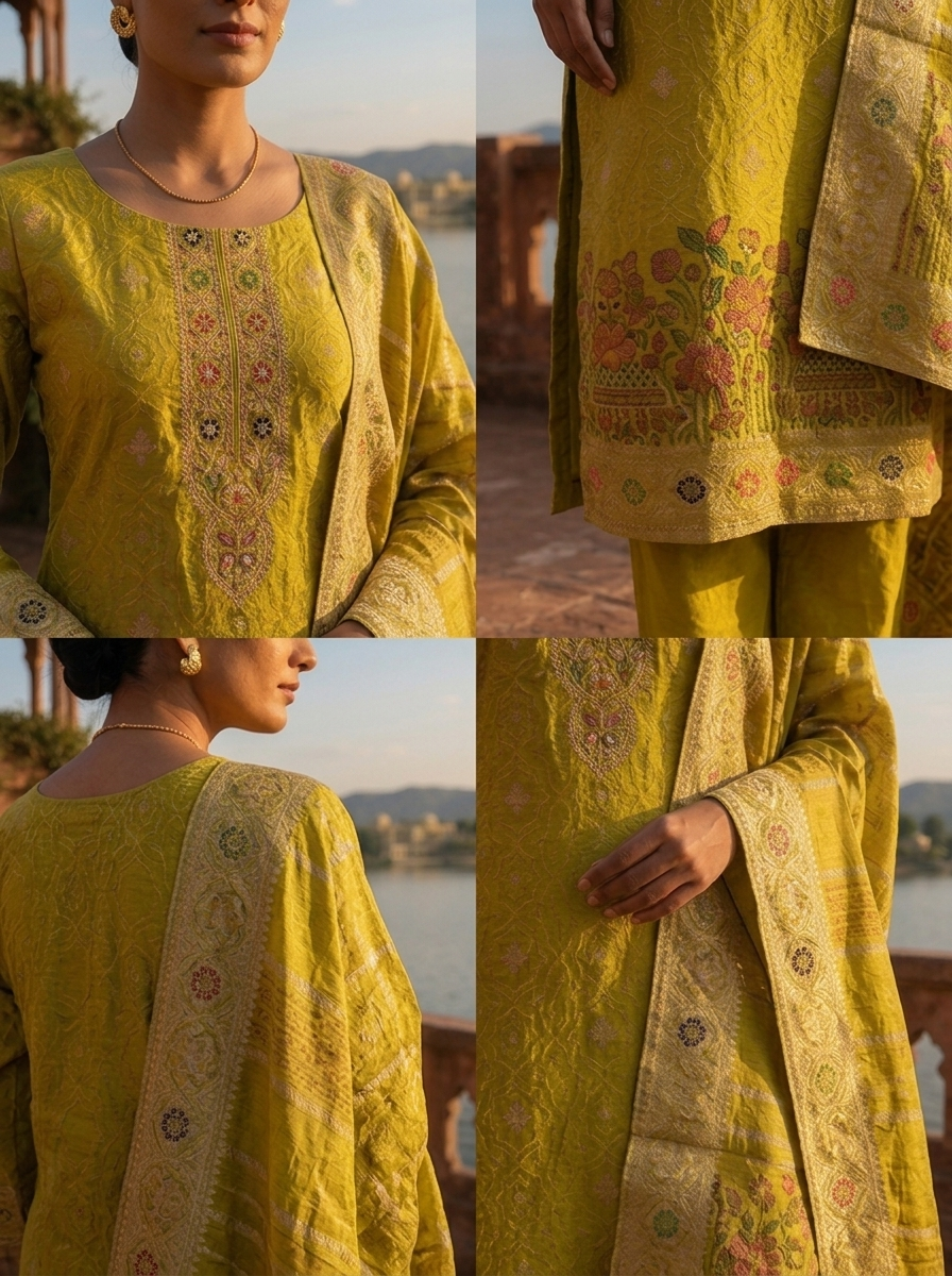Variyali Green Silk Botanical Garden Motifs Weaved Three Piece Set