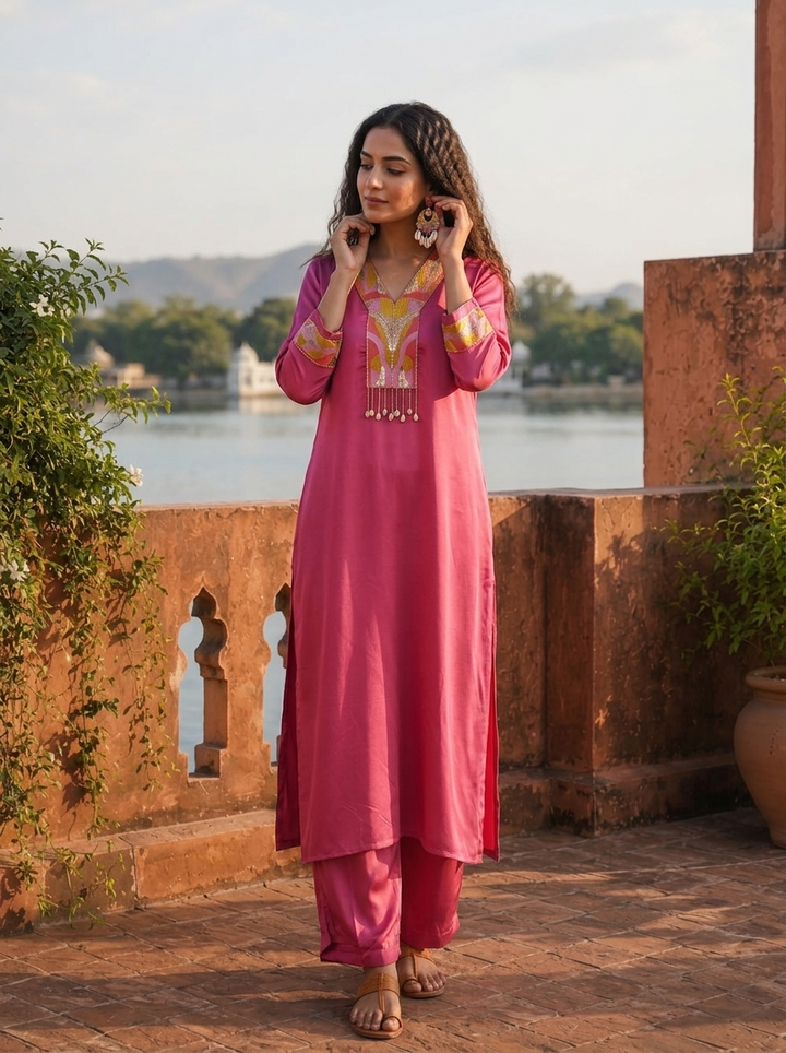 Lilac Rayon Sequins  And Thread Embroidered Two Piece Set