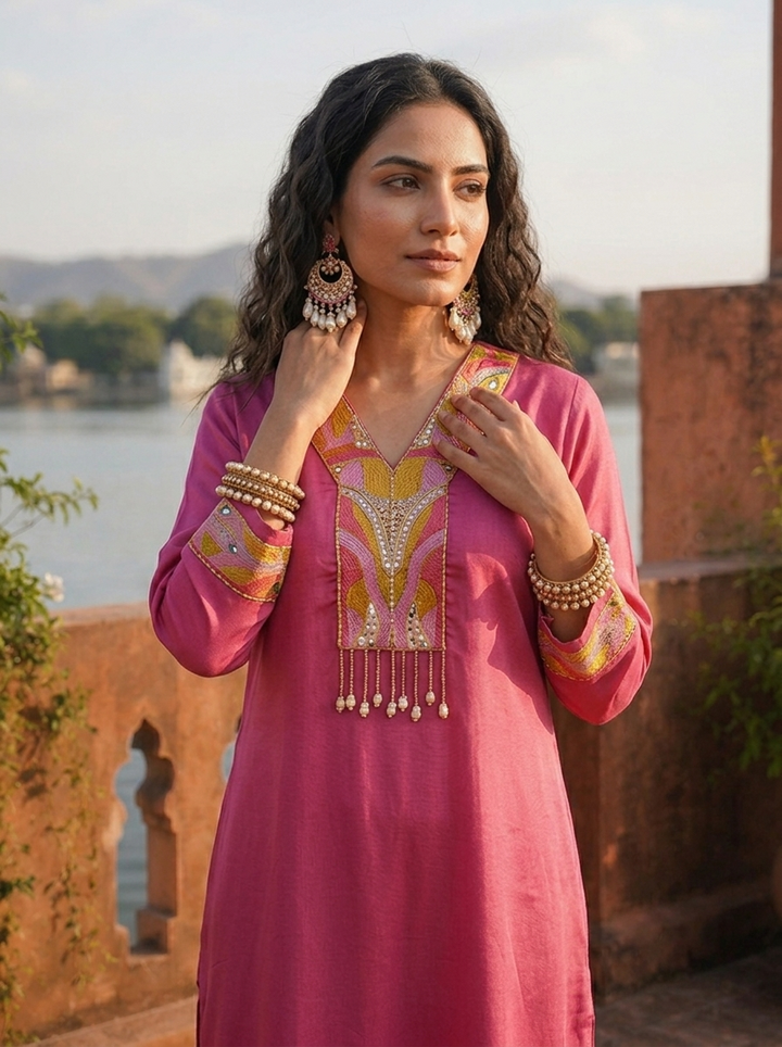 Lilac Rayon Sequins  And Thread Embroidered Two Piece Set