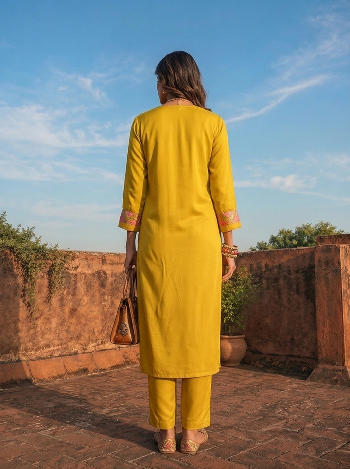 Mustard Rayon Sequins  And Thread Embroidered Two Piece Set