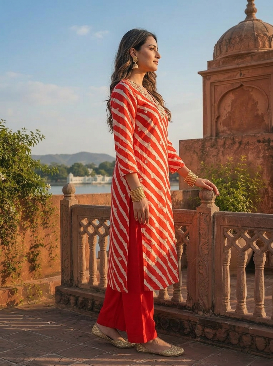 Red Muslin Floral Zari Embroidery And Leheriya Printed Two Piece Set