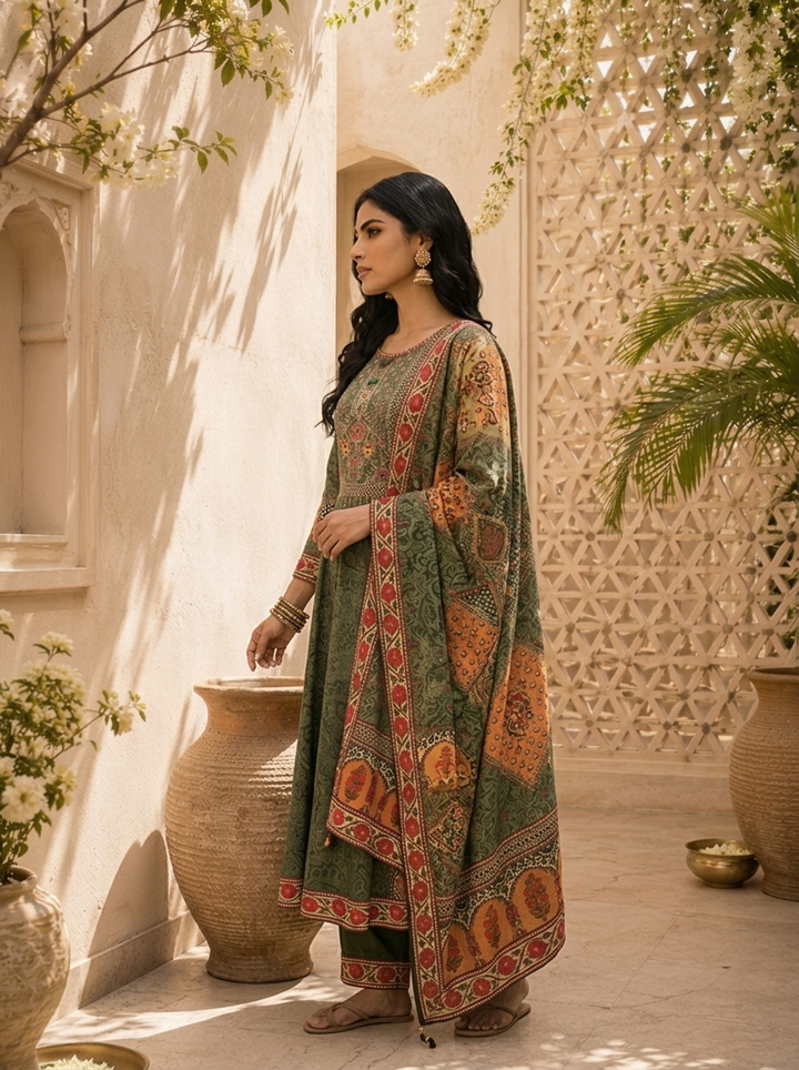 Olive Modal Mughal Jaal Printed Three Piece Set
