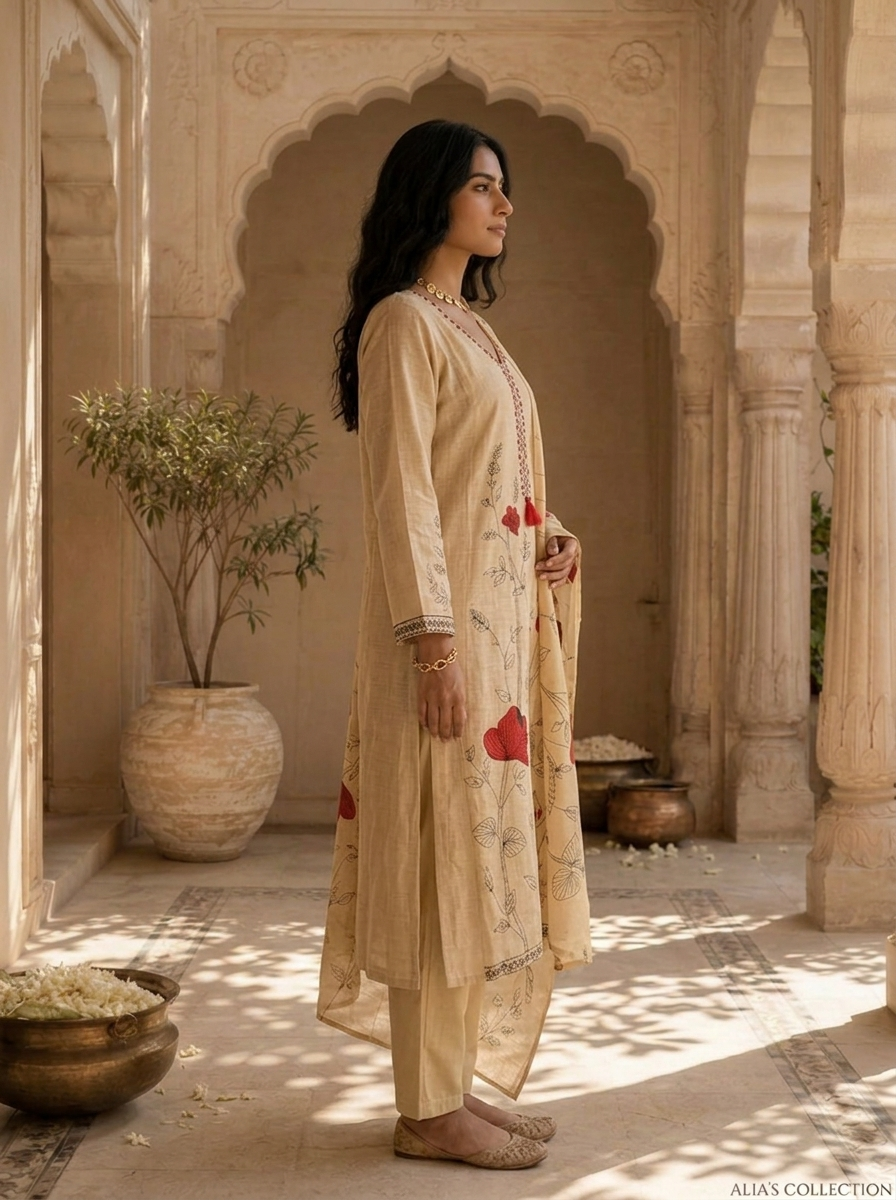 Beige Silk Botanical Hand Printed Three Piece Set
