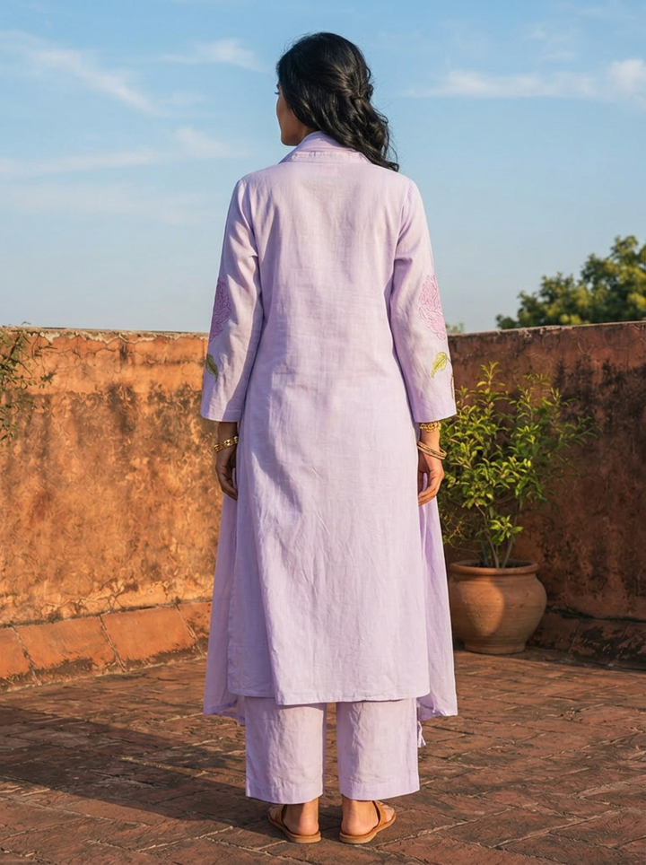 Lavender Cotton Rose Motifs Embroidered Three Piece Set
