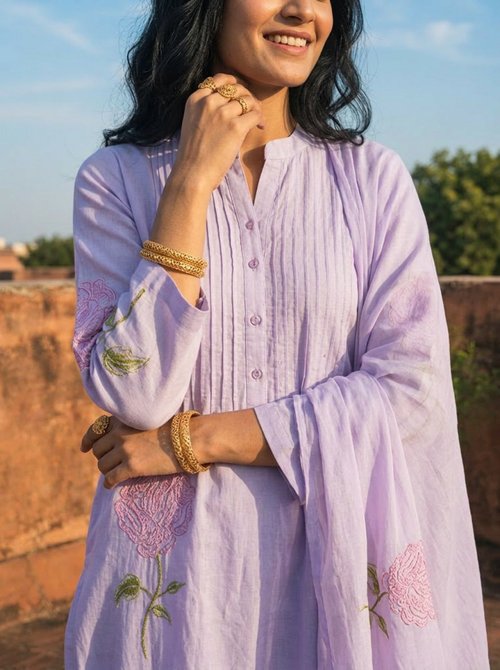Lavender Cotton Rose Motifs Embroidered Three Piece Set