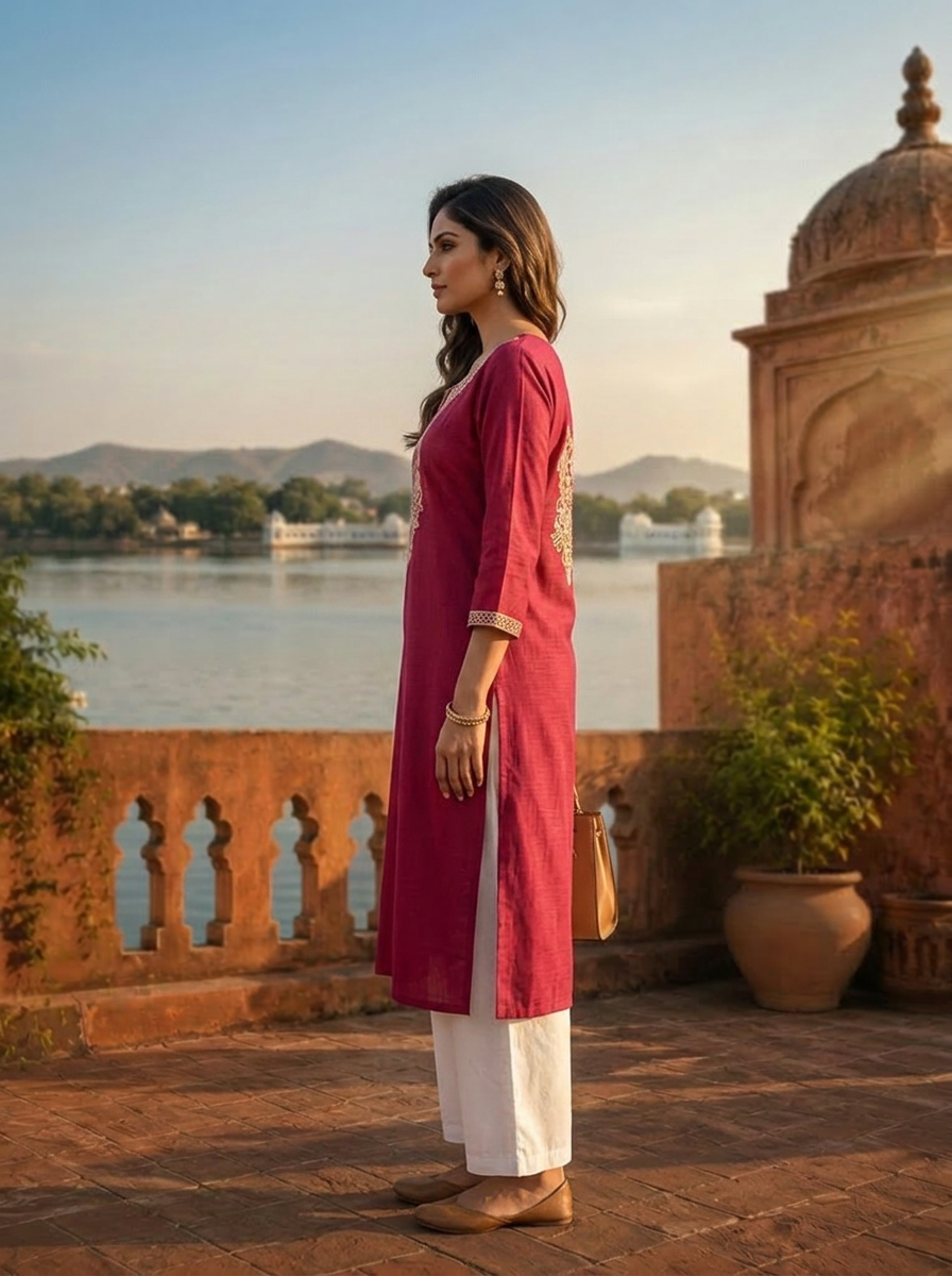 Magenta Rayon Intricate paisley Thread Embroidered Kurta