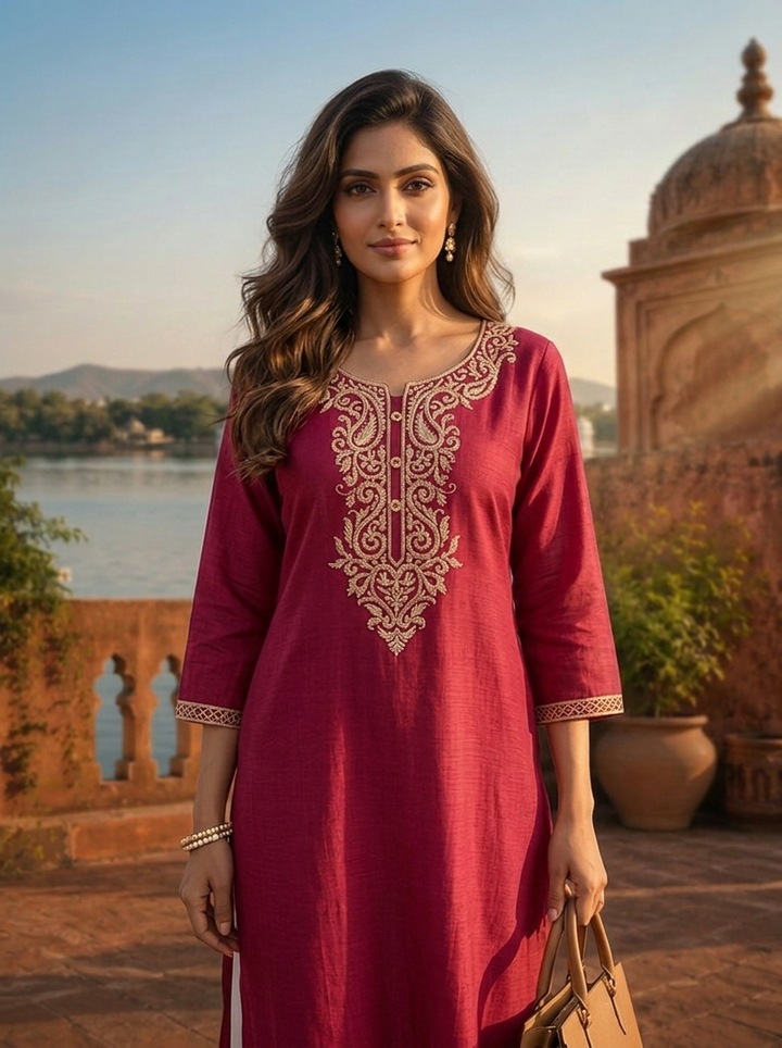 Magenta Rayon Intricate paisley Thread Embroidered Kurta
