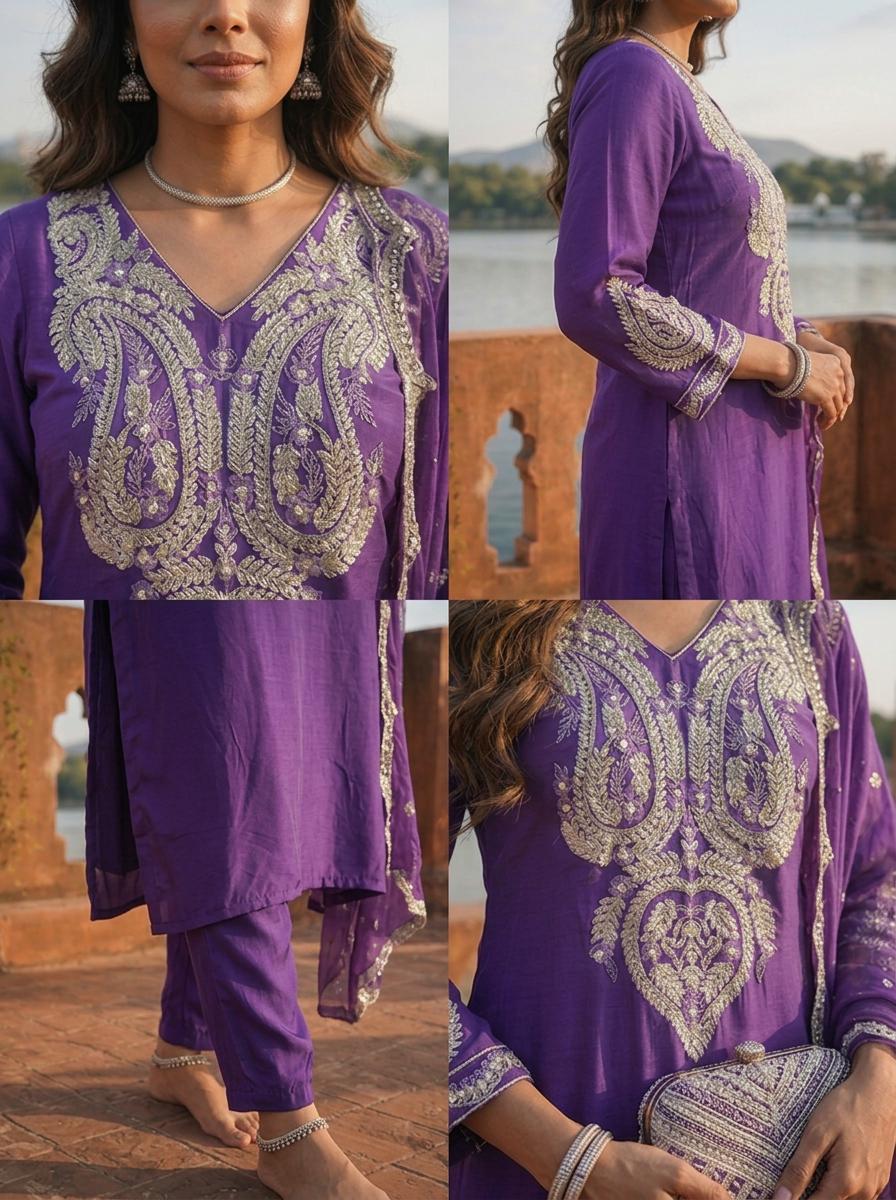Purple Crepe Gota Patti Embroidered Three Piece Set