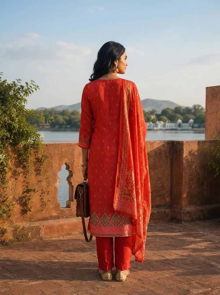 Red Crepe Zig-Zag Bandhani Printed Three Piece Set