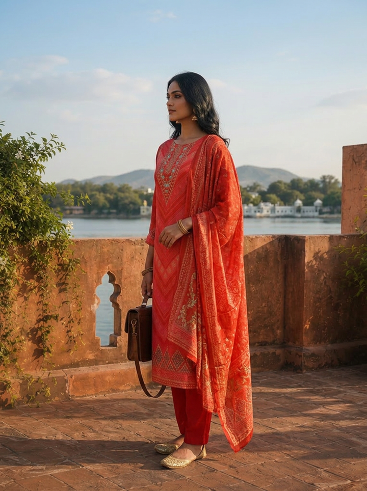Red Crepe Zig-Zag Bandhani Printed Three Piece Set