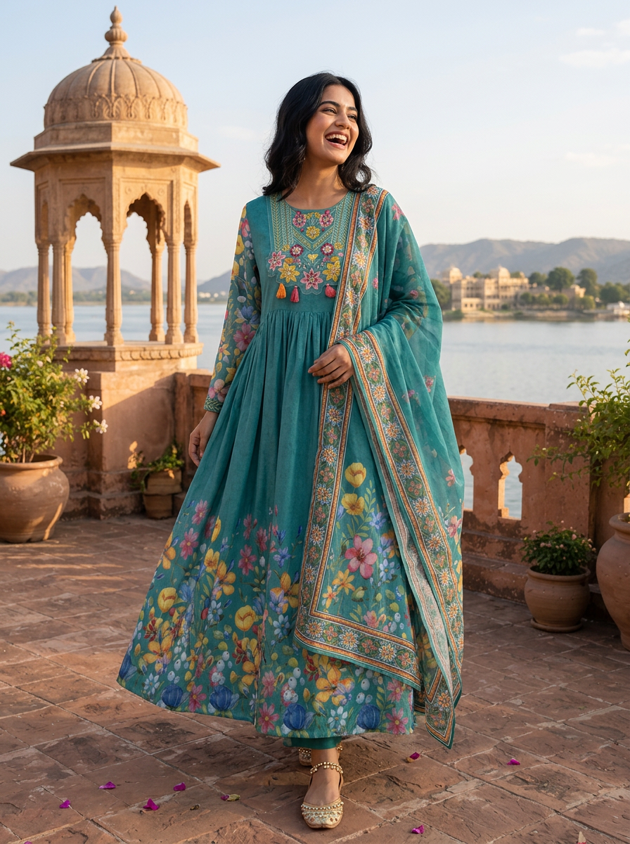 Sea Green Georgette Digital Ditsy Floral Printed Three Piece Set