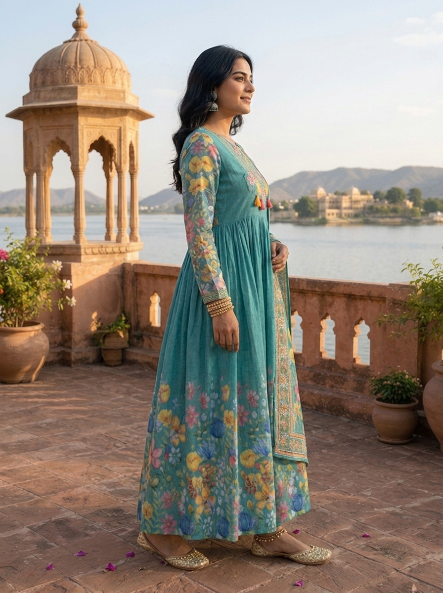 Sea Green Georgette Digital Ditsy Floral Printed Three Piece Set