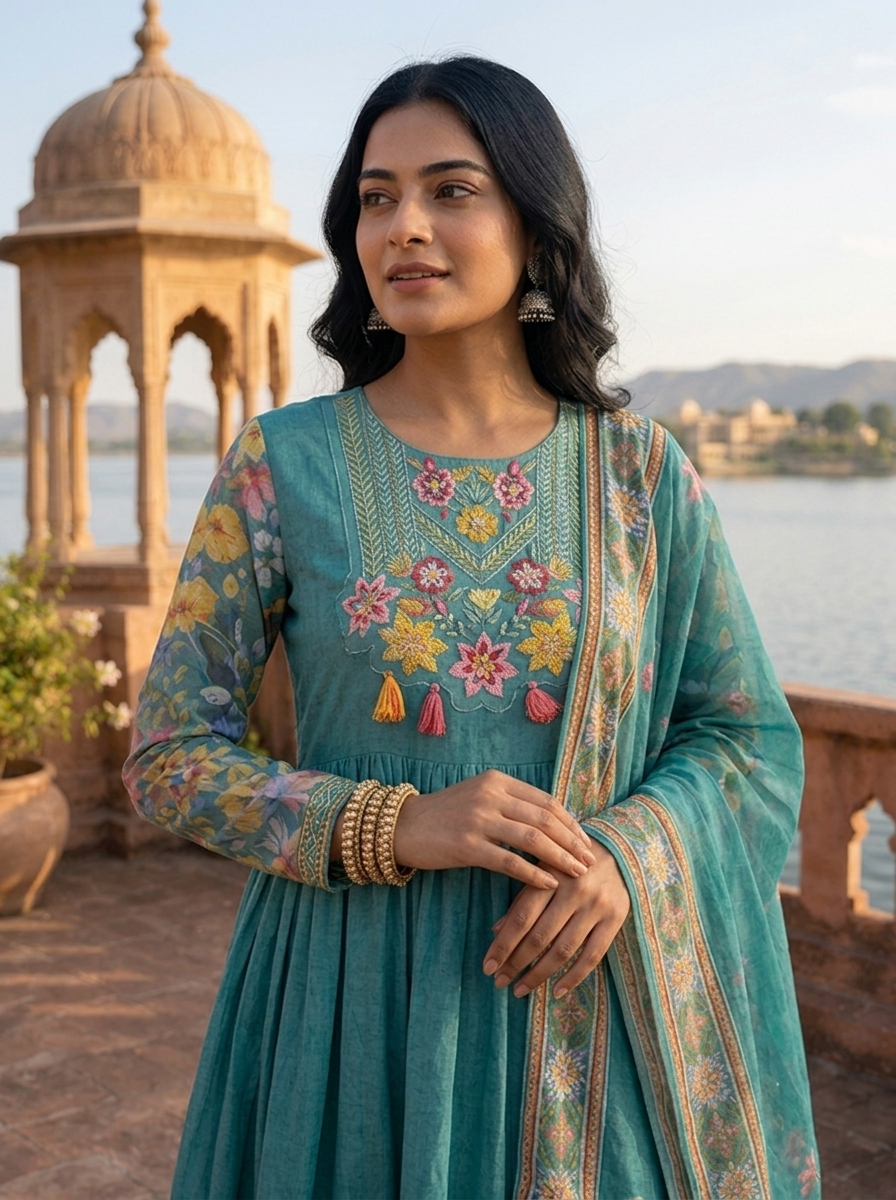Sea Green Georgette Digital Ditsy Floral Printed Three Piece Set