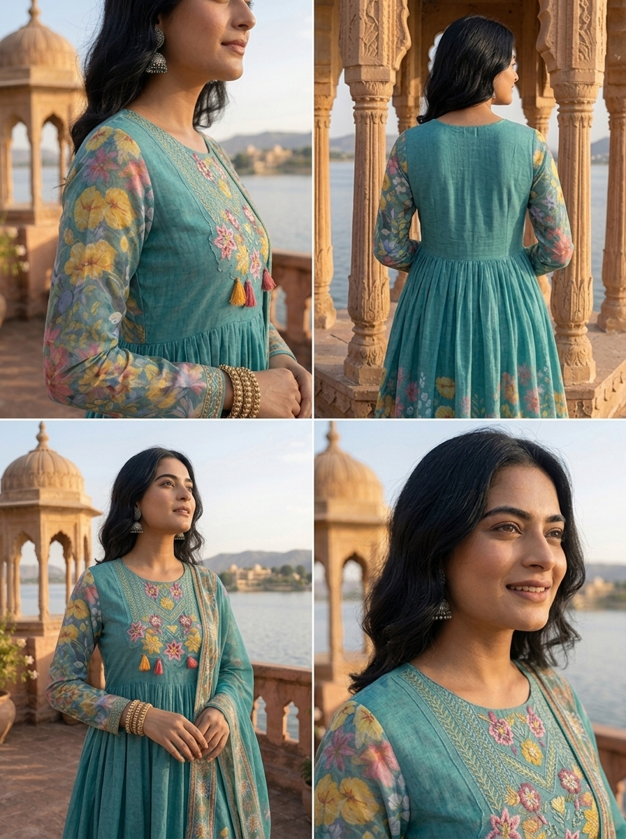 Sea Green Georgette Digital Ditsy Floral Printed Three Piece Set