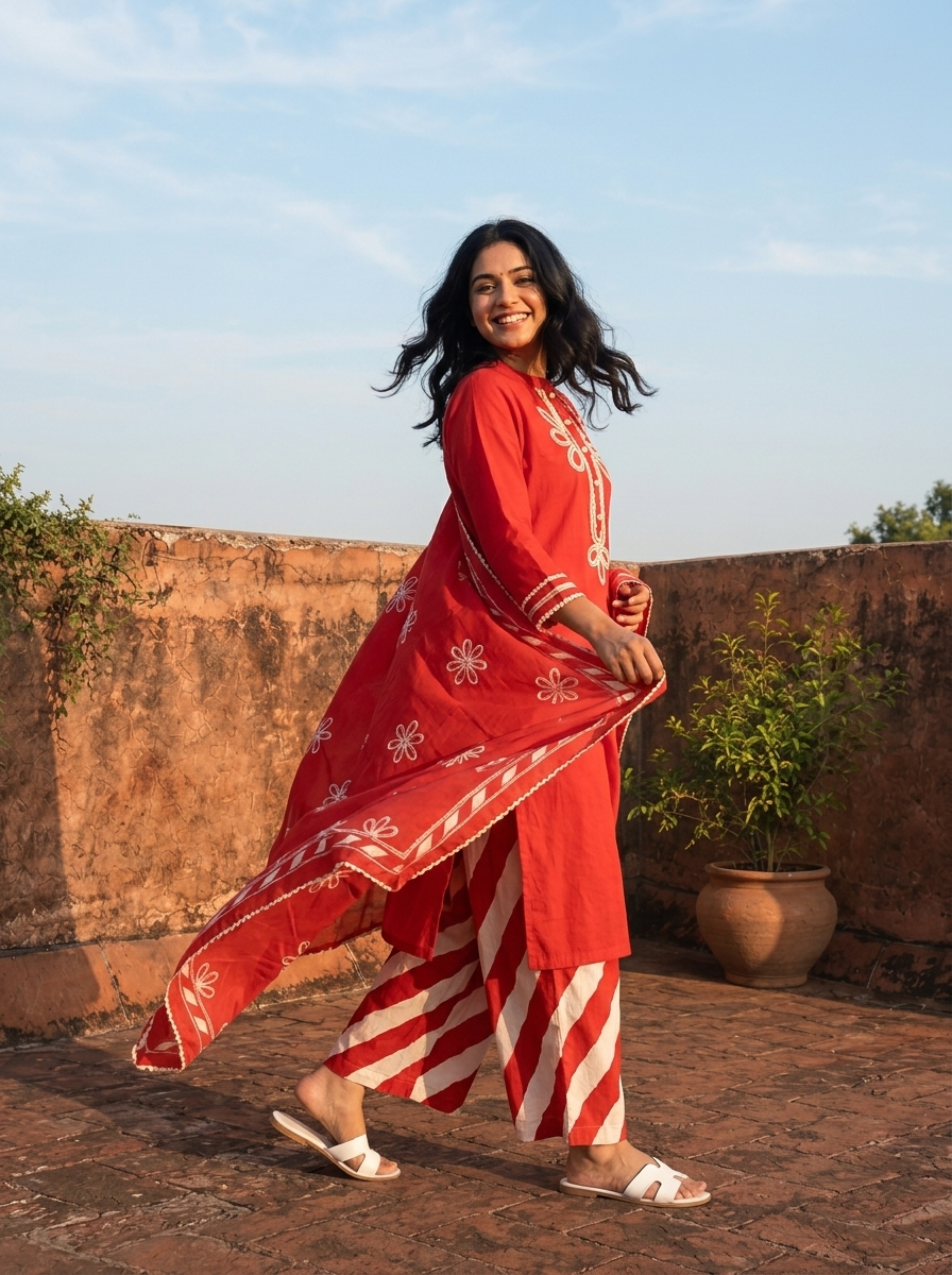 Red Cotton Dori Embroidered Three Piece Set