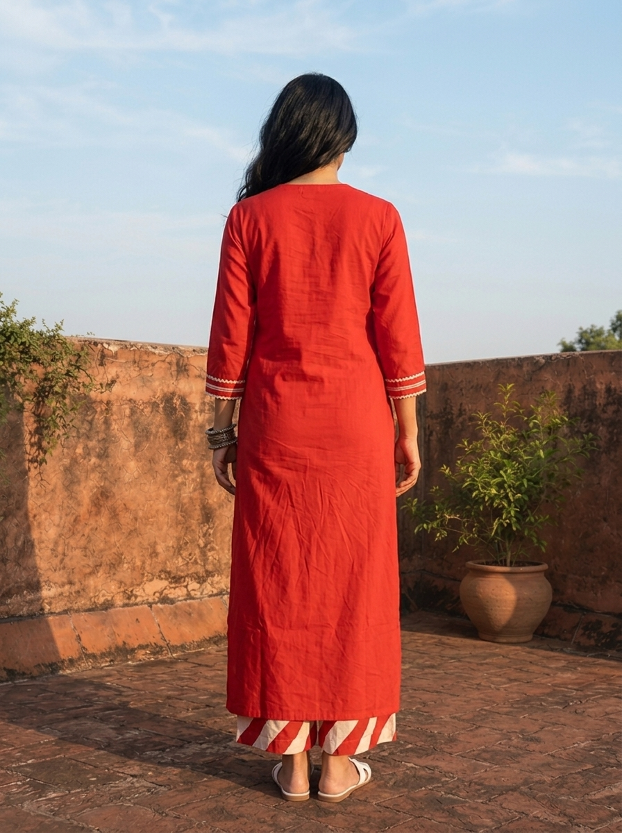 Red Cotton Dori Embroidered Three Piece Set