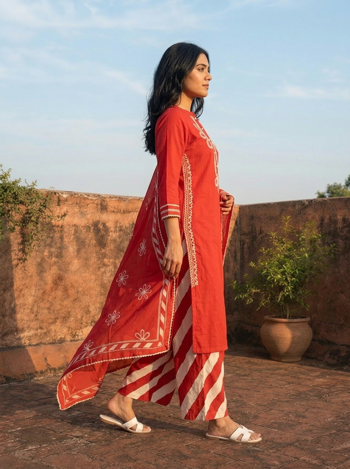 Red Cotton Dori Embroidered Three Piece Set