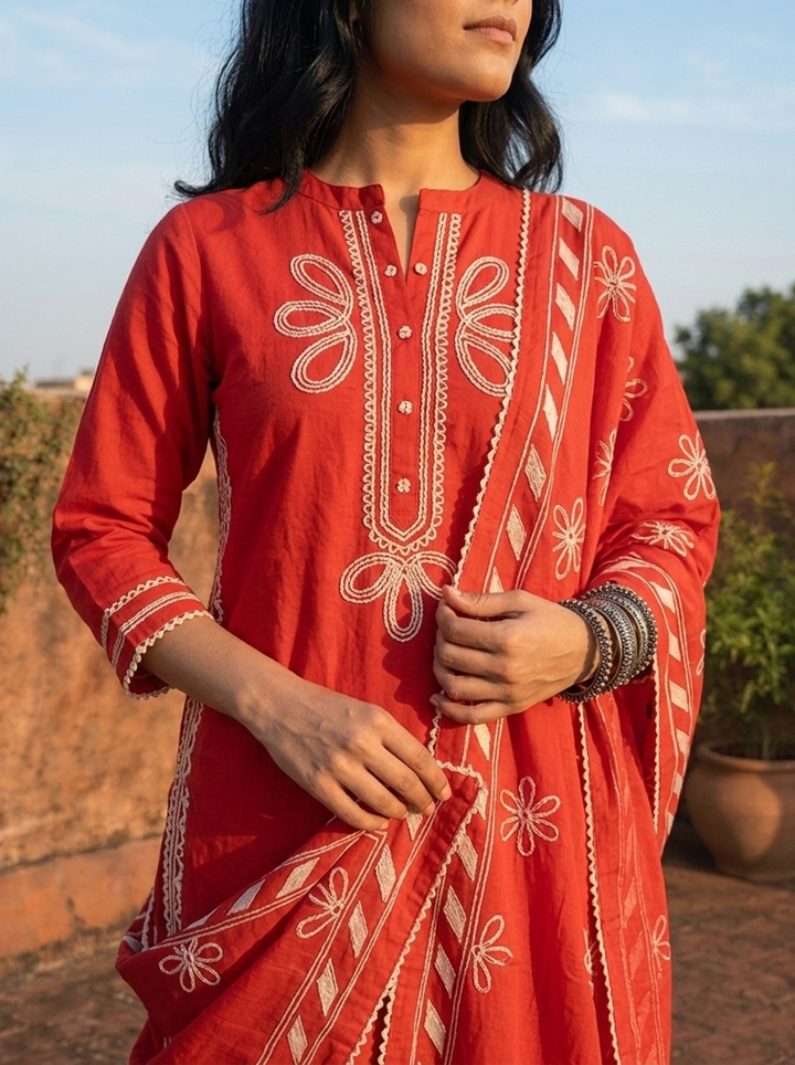 Red Cotton Dori Embroidered Three Piece Set