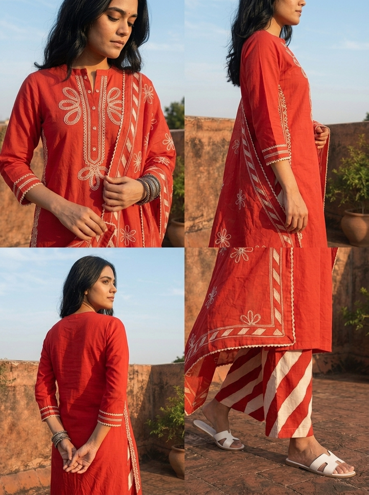 Red Cotton Dori Embroidered Three Piece Set